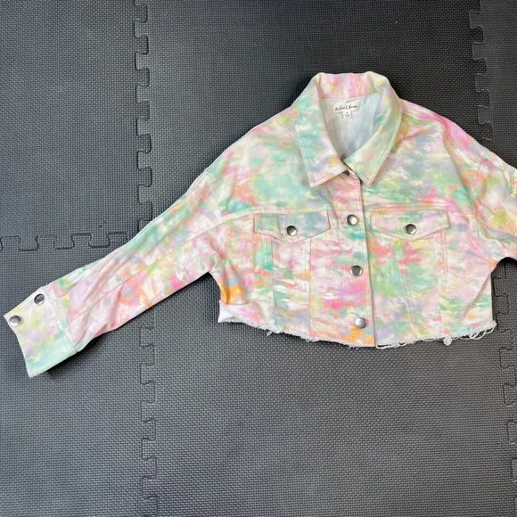 For Love &‎ Lemons Tie Dye Cropped Denim Jacket Frayed Hem Pastel Med Boho - Picture 3 of 10